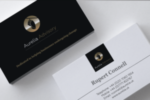 A pair of Aurelia Advisory business cards, one showing front and the other the back