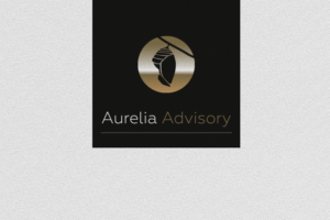 Close up of the Aurelia Advisory logo tab at the top of a page of paper