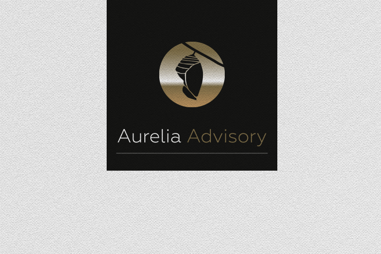 Close up of the Aurelia Advisory logo tab at the top of a page of paper