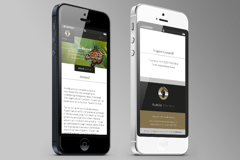 iPhones displaying different parts of the Aurelia Advisory website