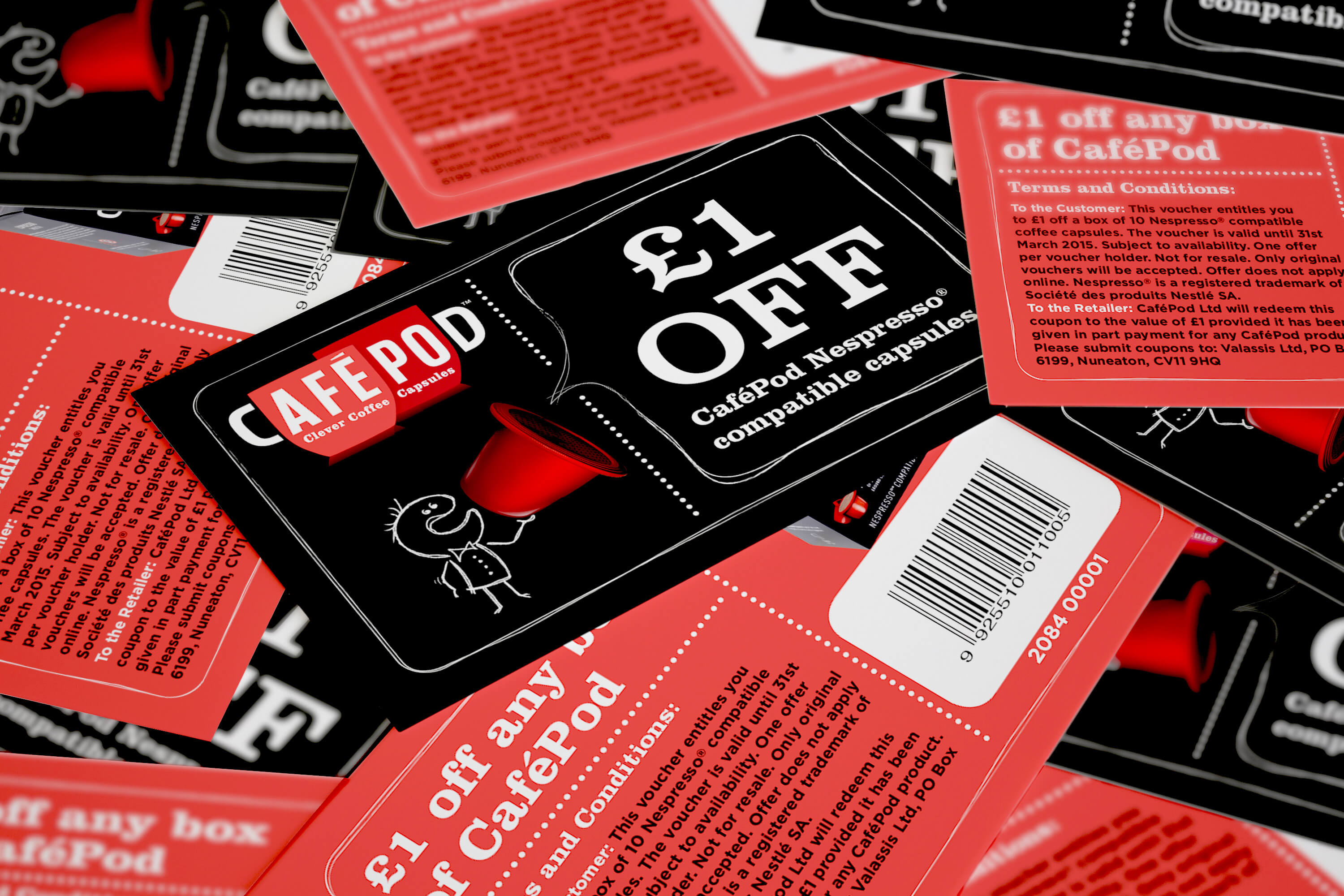 Close up of multiple CaféPod vouchers mixed up and showing both front and back design