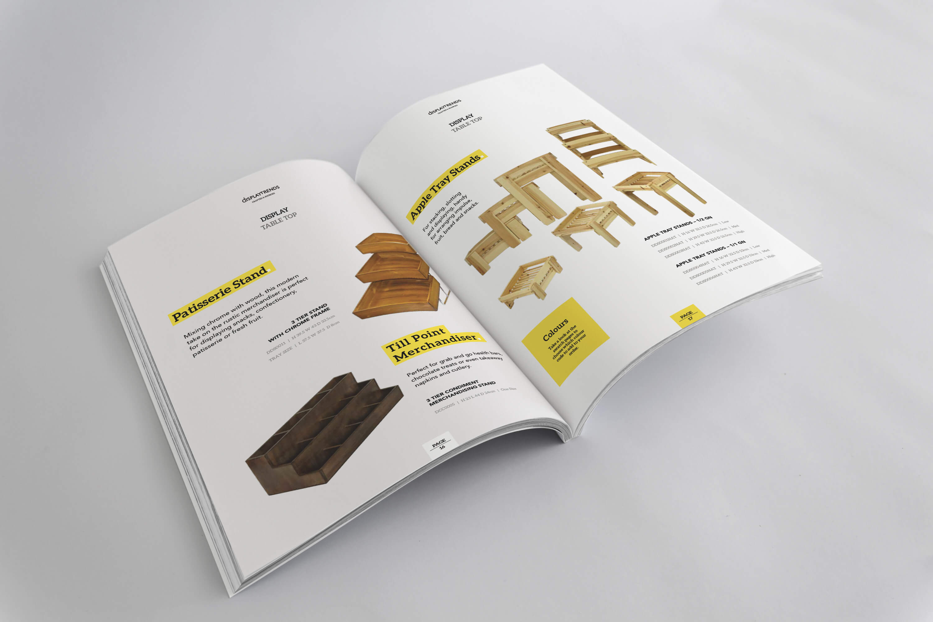 A open copy of the Display Trends catalogue showing the design of the internal pages