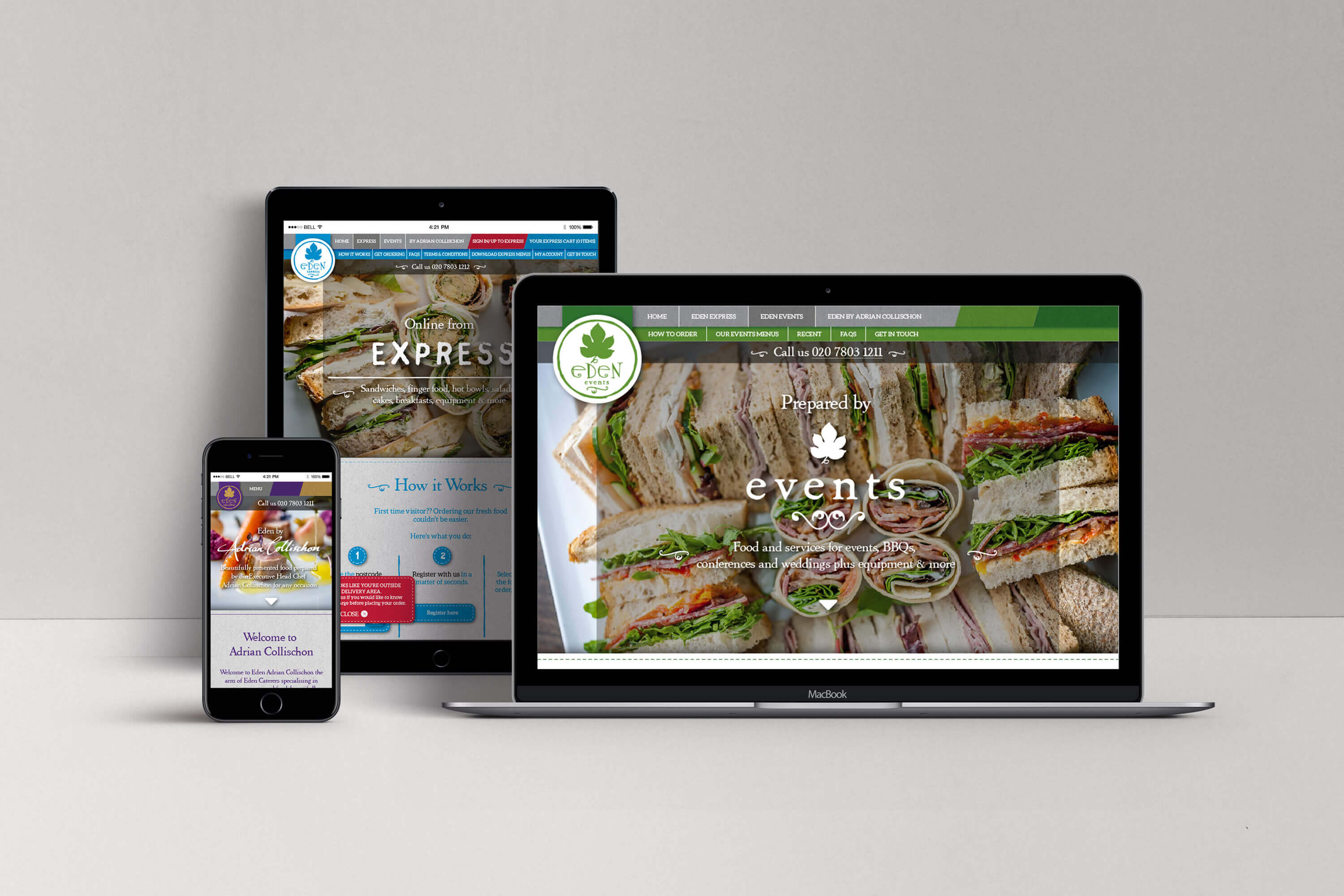 An iPhone, iPad and laptop each displaying one of the three Eden Caterers brands on their website