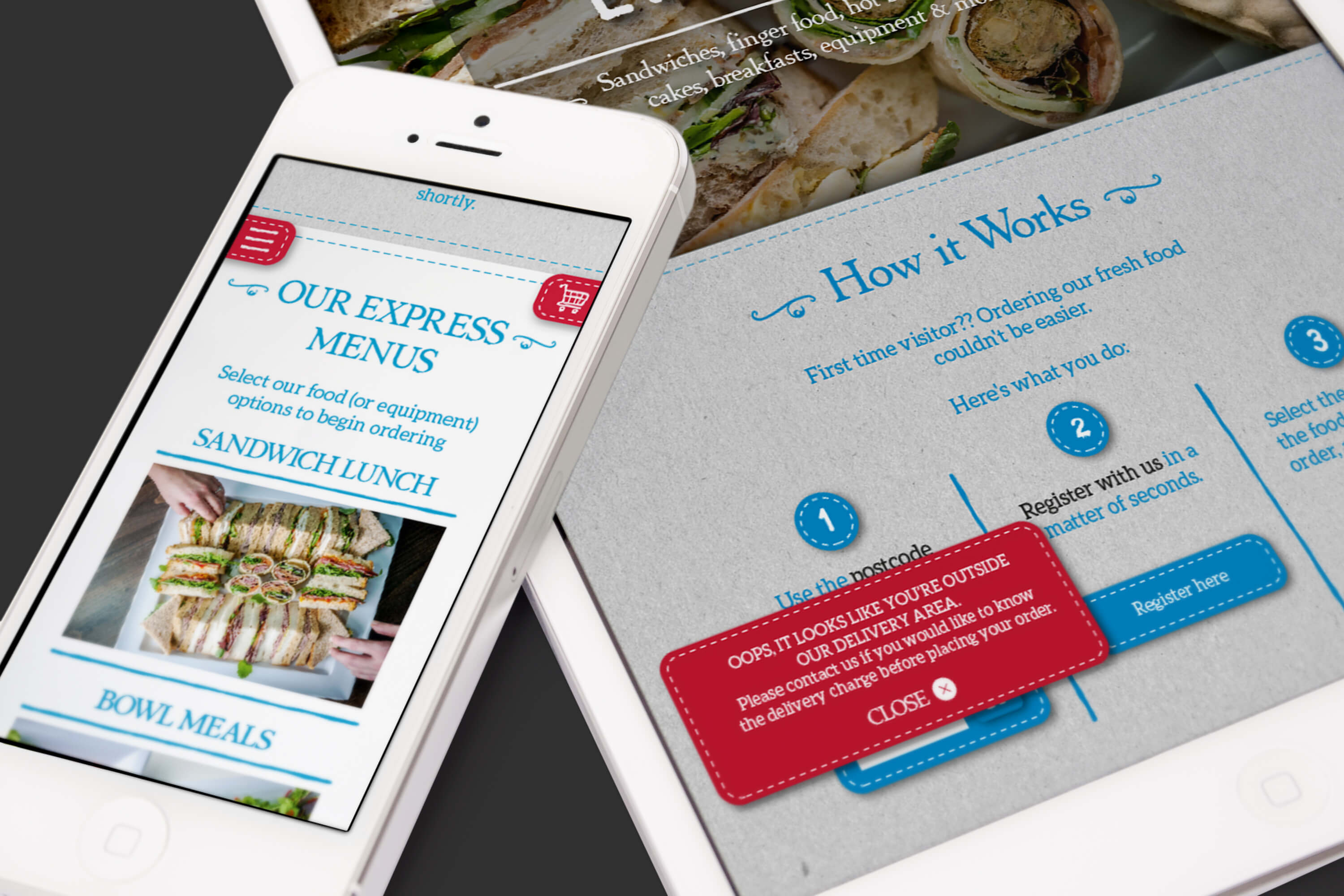 An iPhone and iPad displaying different parts of the Eden Caterers website design