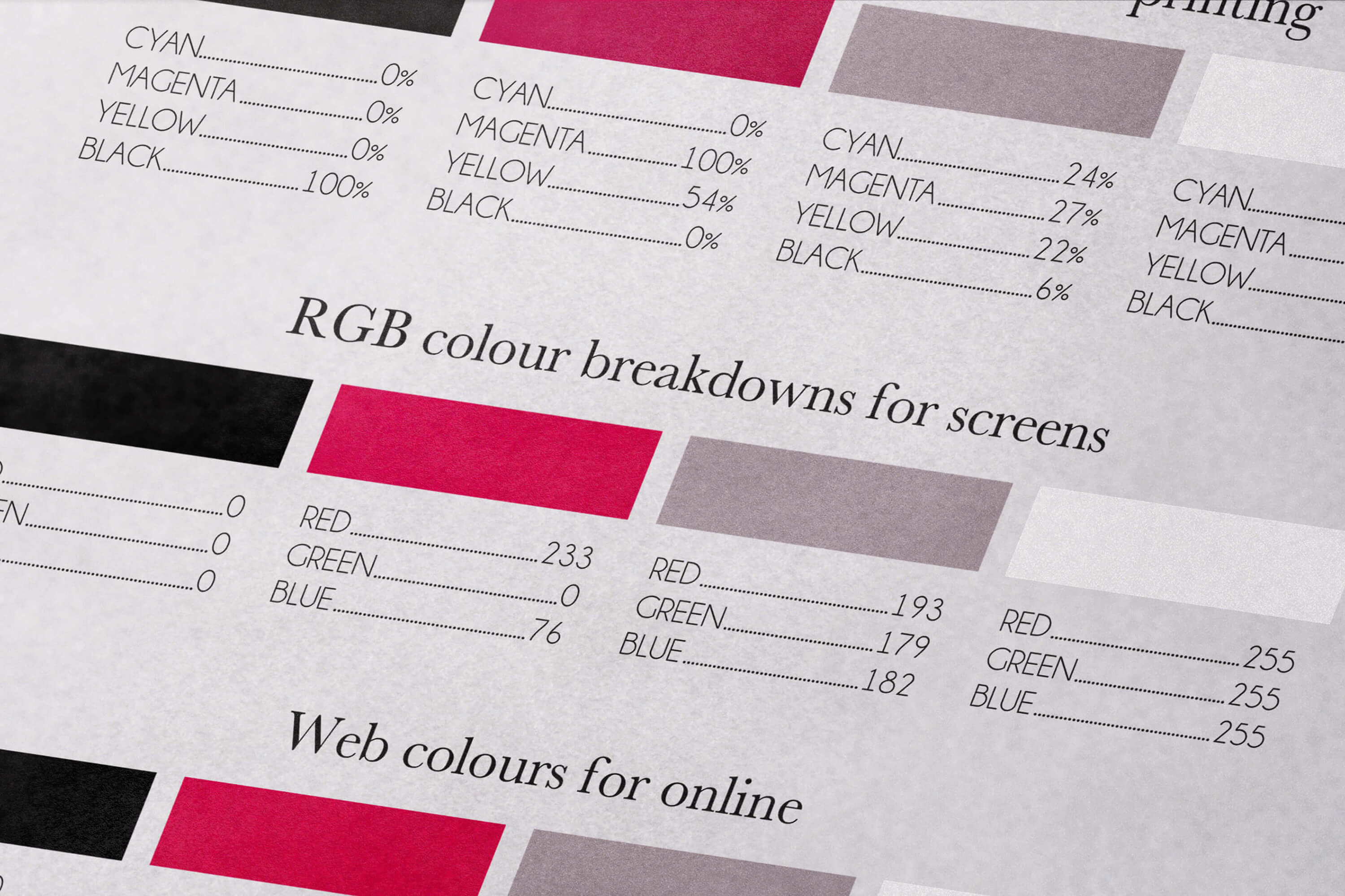 Close up of the Especial brand identity colour breakdowns