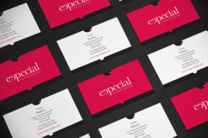 Multiple cards displaying the Especial business card design on front and back