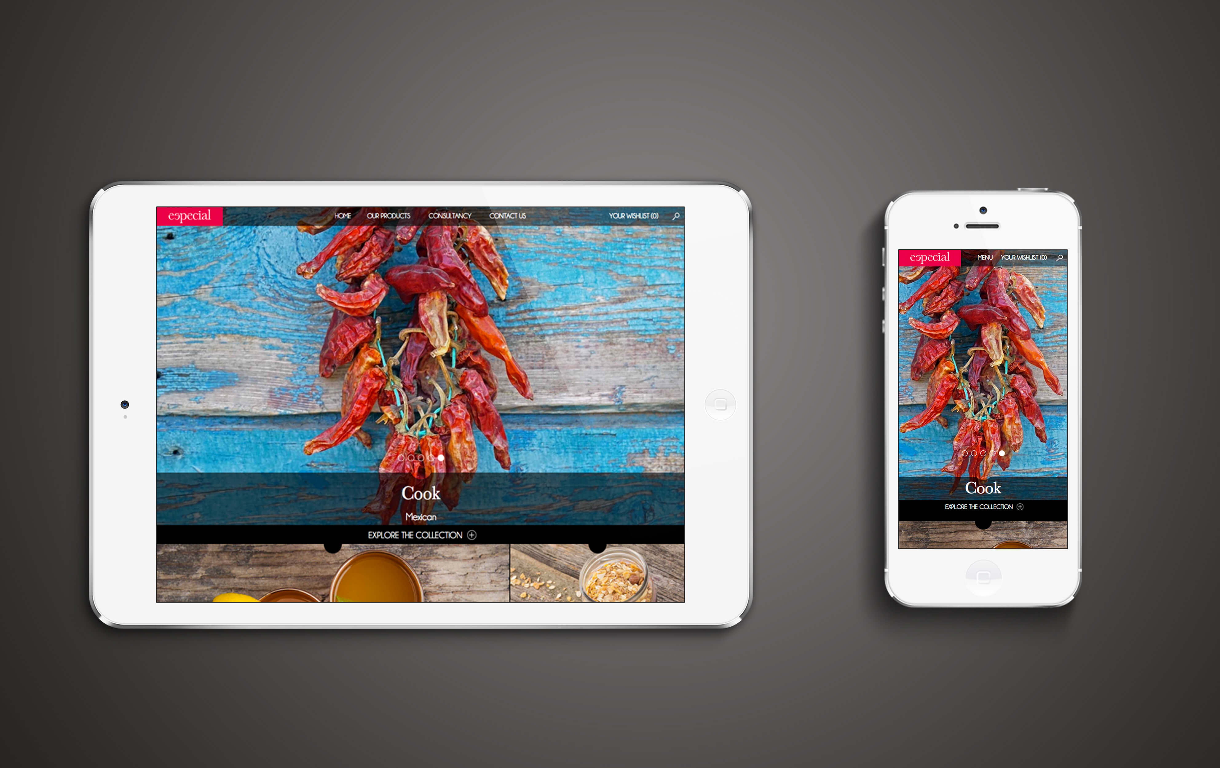 An iPad and iPhone displaying the Especial website home page design