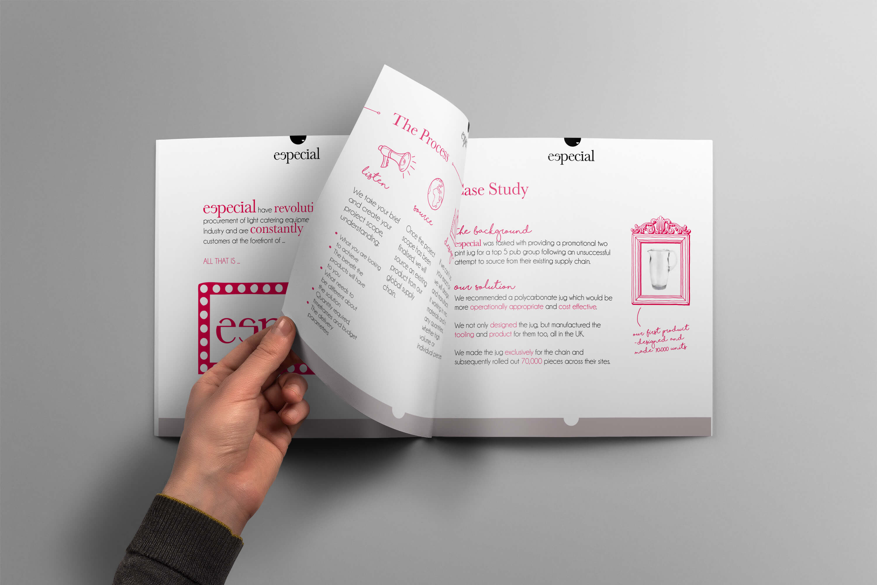 Hand holding open a spread showing internal pages of the Especial Sourcing and Manufacturing brochure