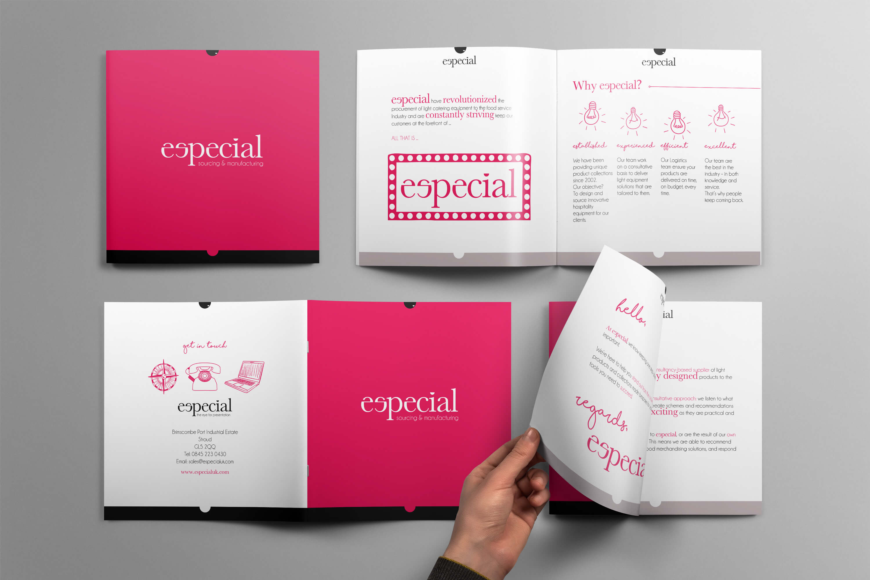 Especial Sourcing and Manufacturing brochure design displayed in different ways on table top