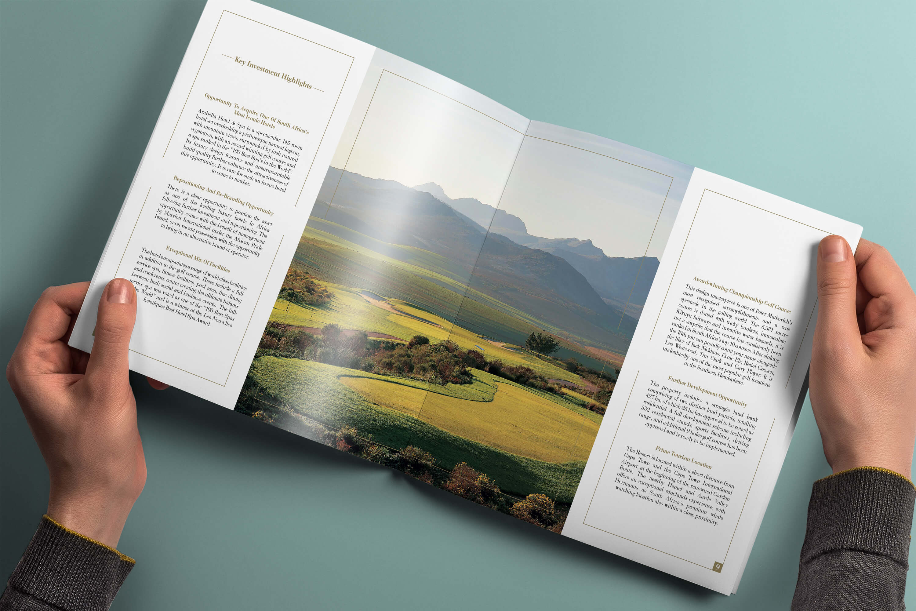 Internal spread of pages showing golf course within the JLL Arabella investment memorandum design