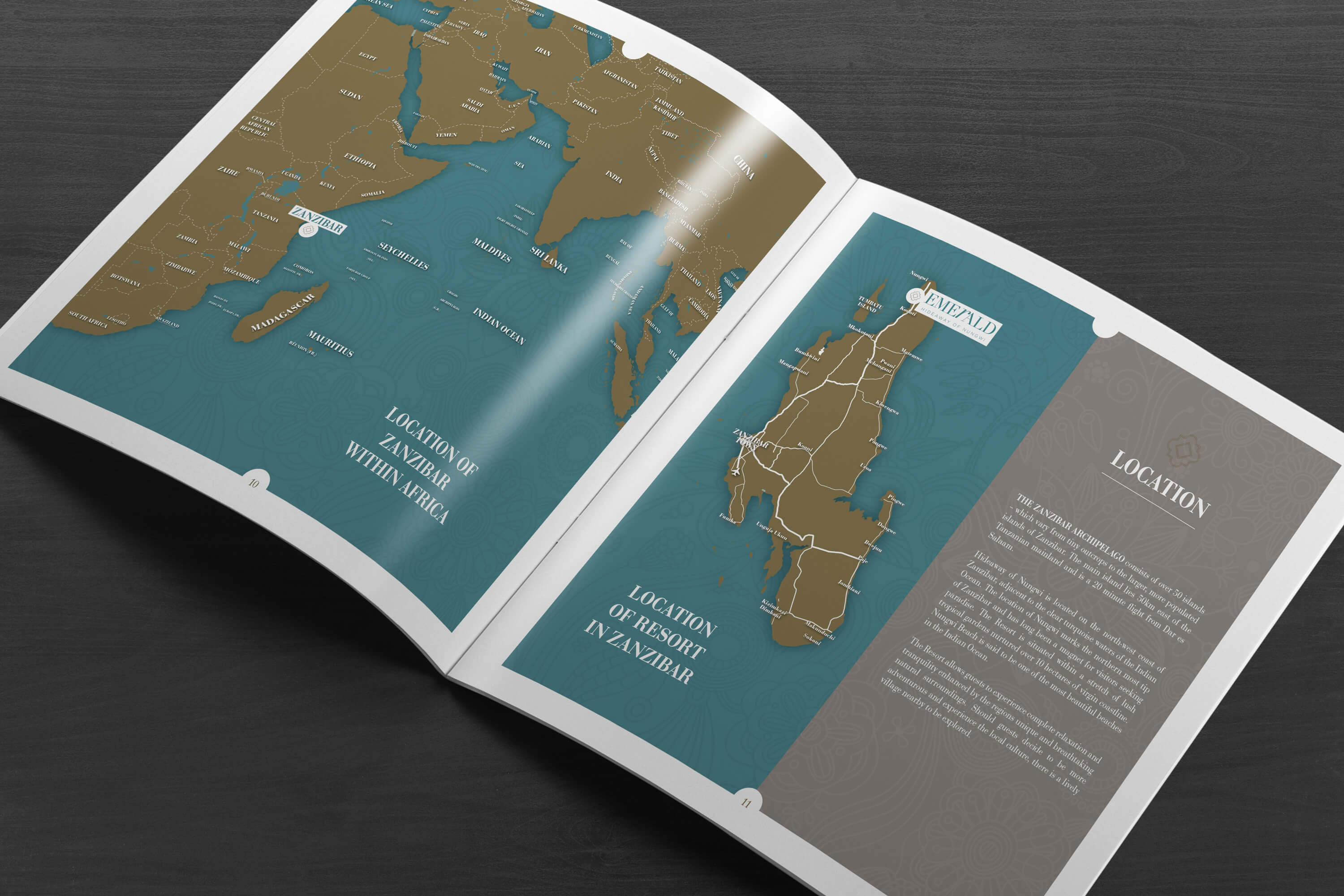 A copy of the JLL Emerald Resorts corporate brochure internal pages showing maps