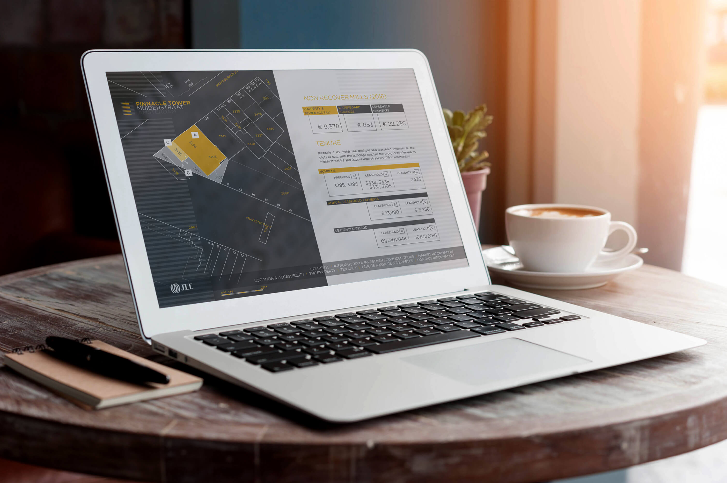 A laptop showing an internal page of the JLL Pinnacle Tower investment memorandum design