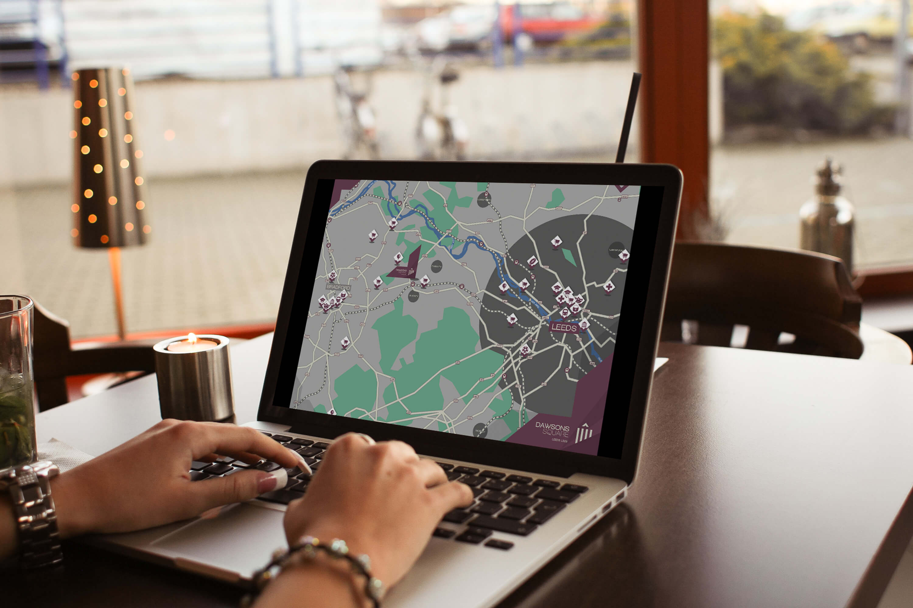 A laptop showing the bespoke Dawsons Square map design