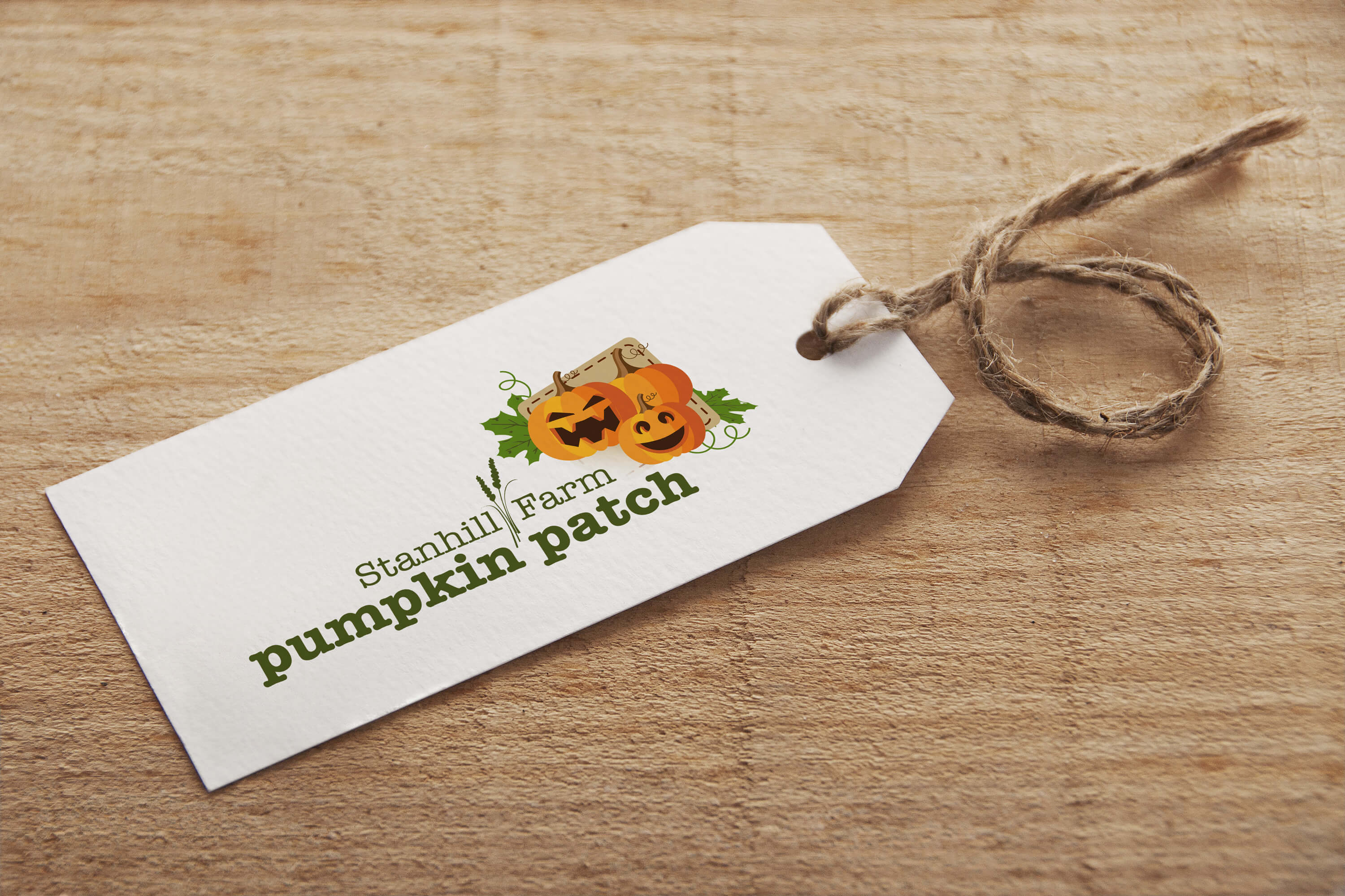 A Stanhill Farm Pumpkin Patch logo printed on a paper tag