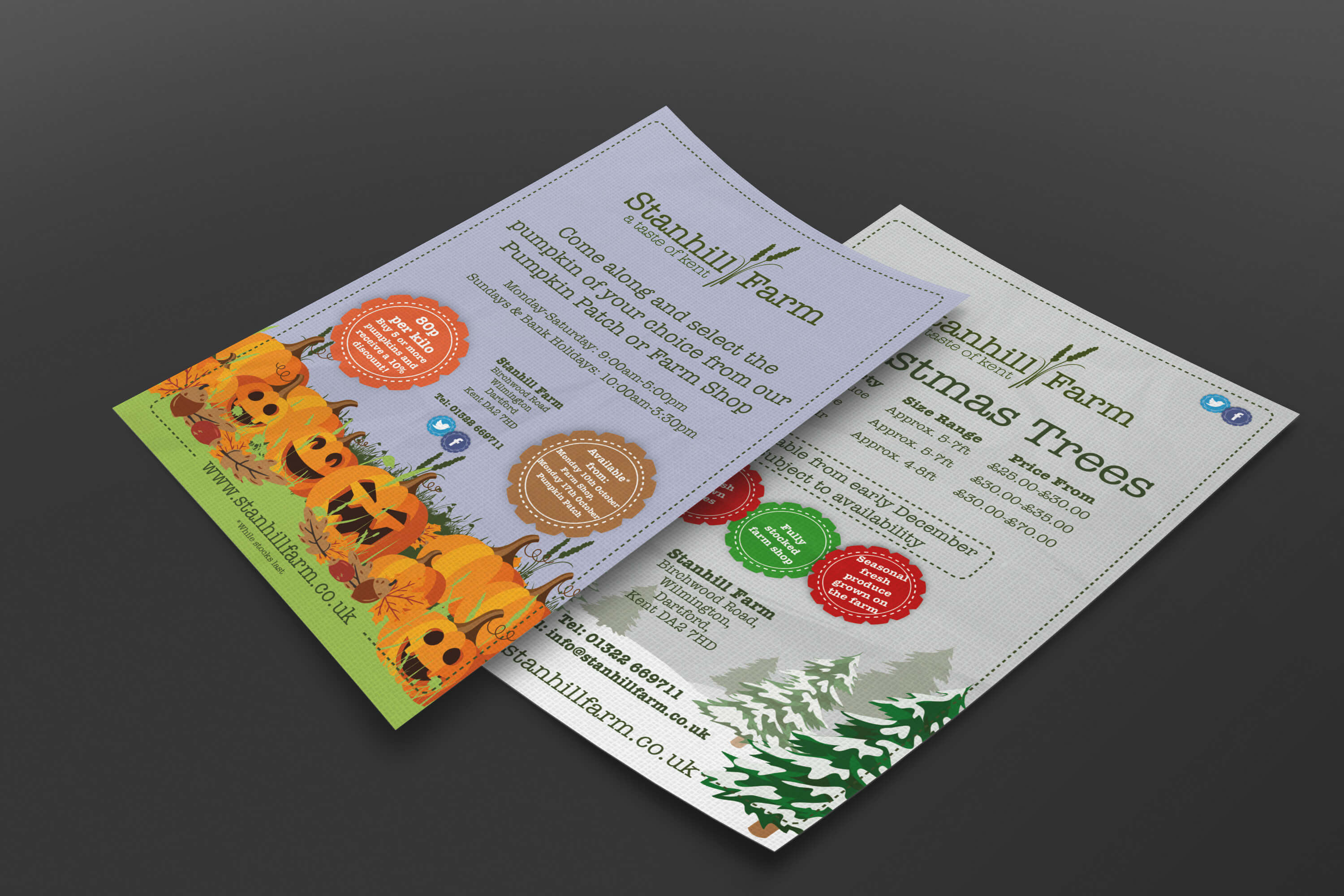 Two copies of the Stanhill Farm seasonal flyers for Halloween and Christmas