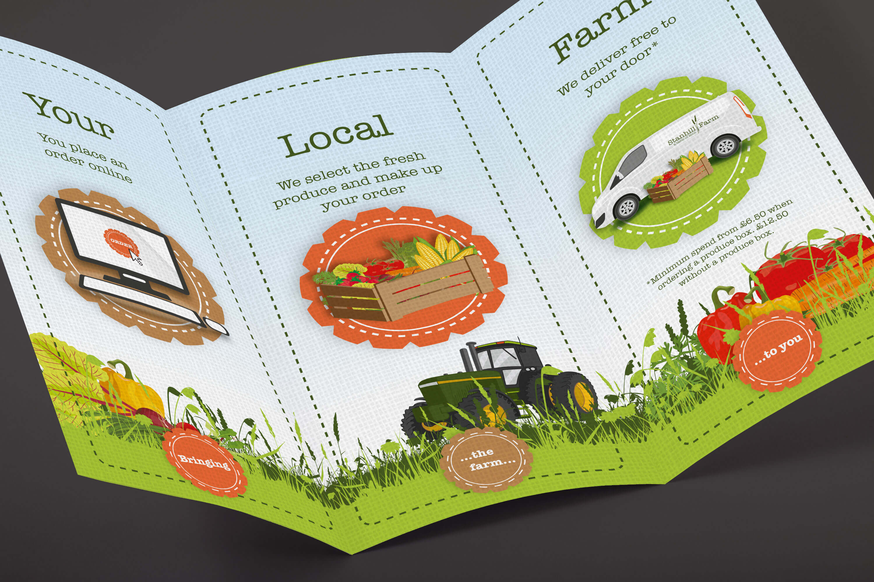 Internal spread of the Stanhill Farm tri-fold brochure
