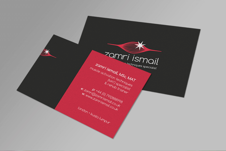 Front and back of business cards for the Zamri Ismail brand creation project